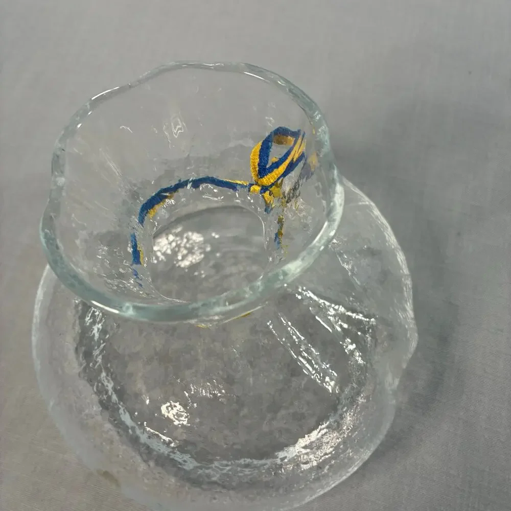 Vintage Clear Textured Art Glass Vase Pinched Rim Blue Gold Cord 6 Inch Decor